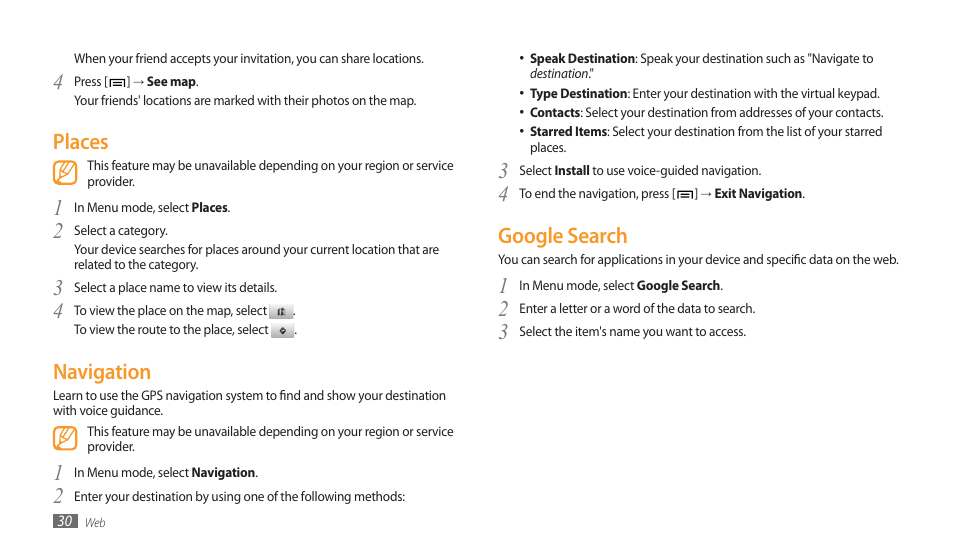 Places, Navigation, Google search | Places navigation google search | Samsung GALAXY TAB GT-P1000 User Manual | Page 30 / 82