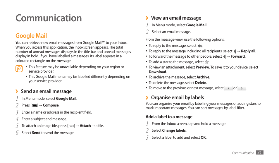 Communication, Google mail | Samsung GALAXY TAB GT-P1000 User Manual | Page 31 / 82