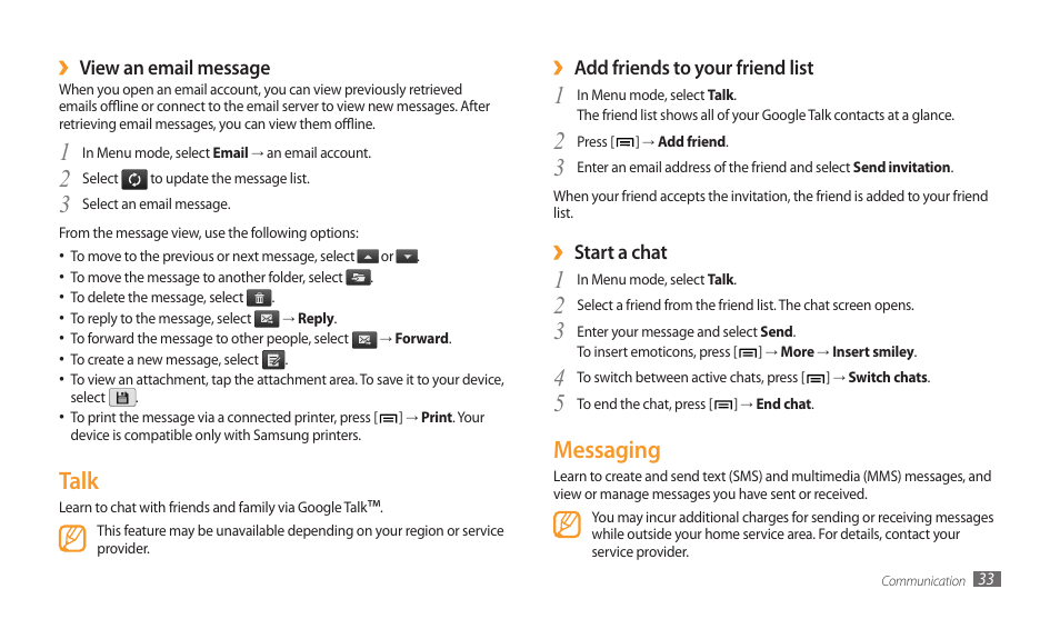 Talk, Messaging, Talk messaging | Add friends to your friend list, Start a chat, View an email message | Samsung GALAXY TAB GT-P1000 User Manual | Page 33 / 82
