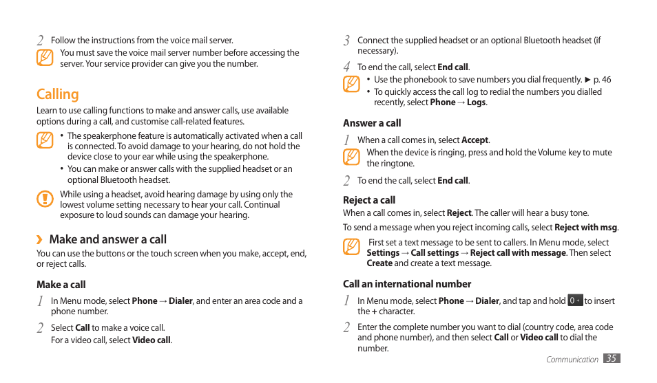 Calling, Make and answer a call | Samsung GALAXY TAB GT-P1000 User Manual | Page 35 / 82