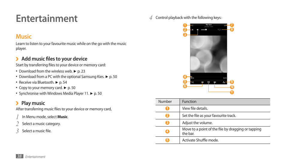 Entertainment, Music, Add music files to your device | Play music | Samsung GALAXY TAB GT-P1000 User Manual | Page 38 / 82