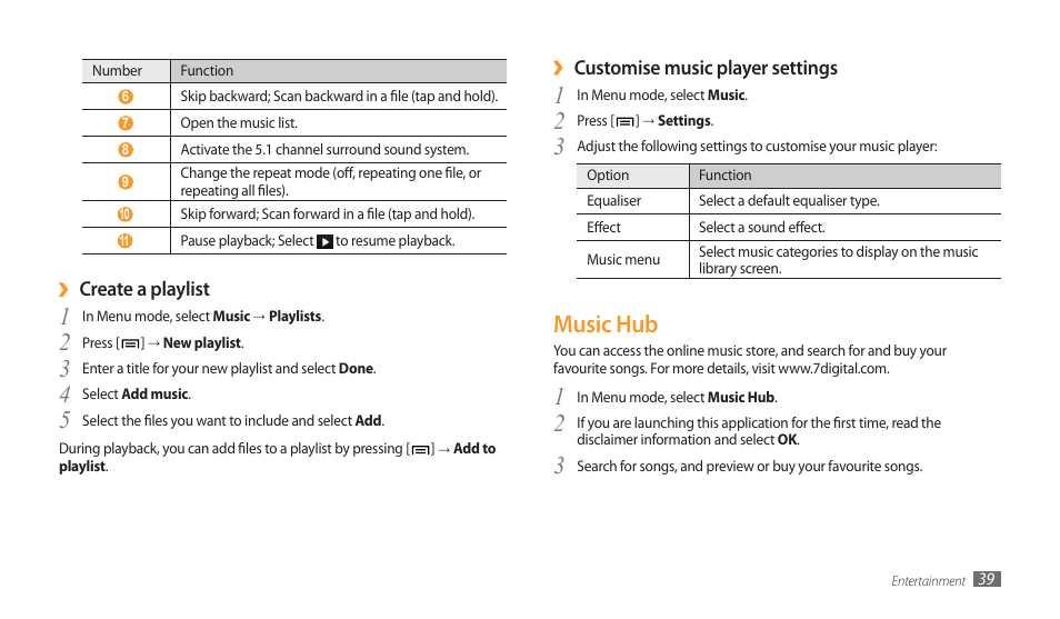 Music hub, Customise music player settings, Create a playlist | Samsung GALAXY TAB GT-P1000 User Manual | Page 39 / 82