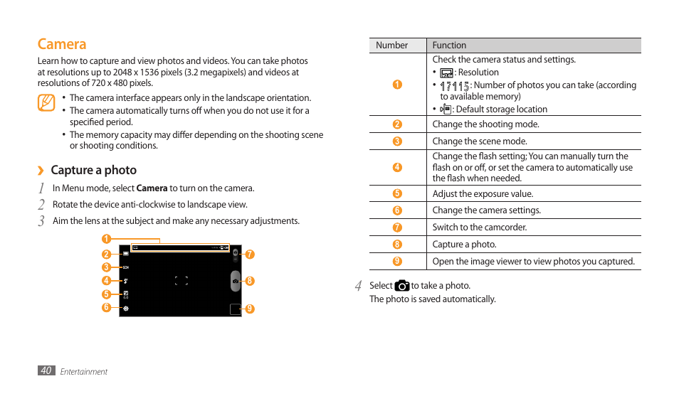 Camera, Capture a photo | Samsung GALAXY TAB GT-P1000 User Manual | Page 40 / 82