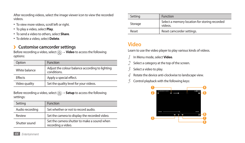 Video, Customise camcorder settings | Samsung GALAXY TAB GT-P1000 User Manual | Page 44 / 82