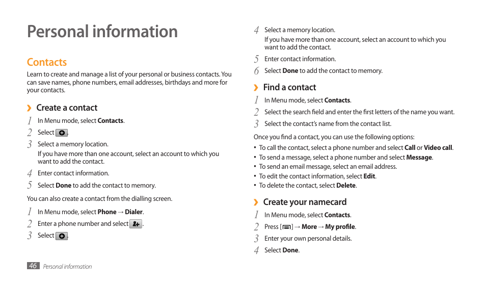 Personal information, Contacts | Samsung GALAXY TAB GT-P1000 User Manual | Page 46 / 82