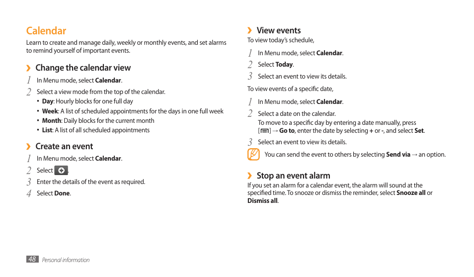 Calendar | Samsung GALAXY TAB GT-P1000 User Manual | Page 48 / 82