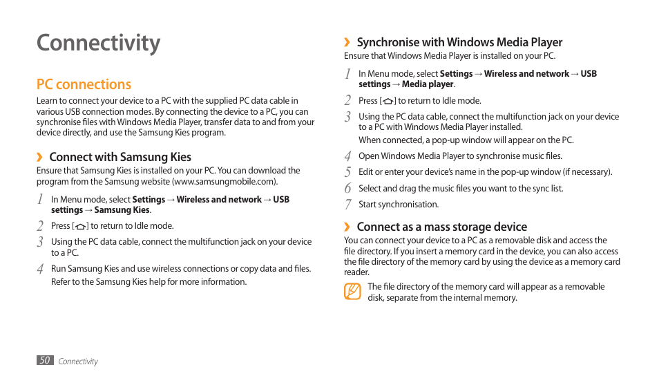 Connectivity, Pc connections | Samsung GALAXY TAB GT-P1000 User Manual | Page 50 / 82