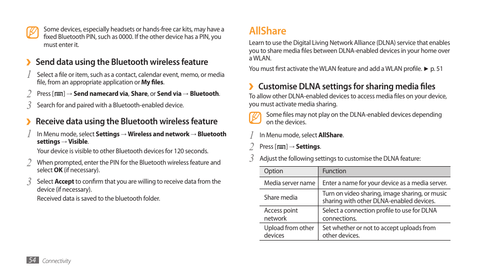 Allshare, Customise dlna settings for sharing media files, Send data using the bluetooth wireless feature | Receive data using the bluetooth wireless feature | Samsung GALAXY TAB GT-P1000 User Manual | Page 54 / 82