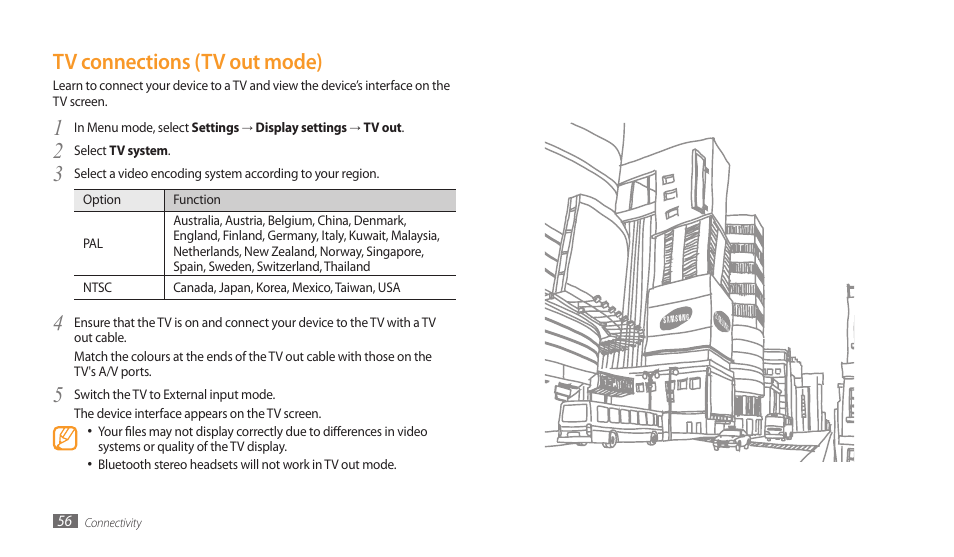 Tv connections (tv out mode) | Samsung GALAXY TAB GT-P1000 User Manual | Page 56 / 82