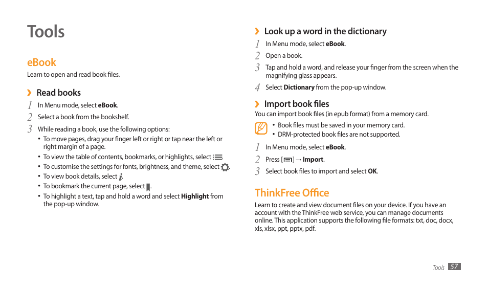 Tools, Ebook, Thinkfree office | Ebook thinkfree office | Samsung GALAXY TAB GT-P1000 User Manual | Page 57 / 82