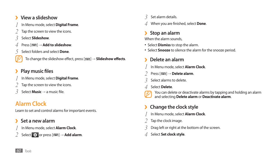 Alarm clock | Samsung GALAXY TAB GT-P1000 User Manual | Page 60 / 82