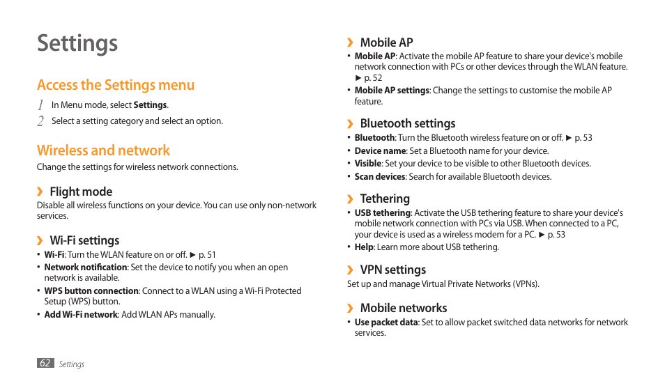 Settings, Access the settings menu, Wireless and network | Access the settings menu wireless and network, 2wireless and network | Samsung GALAXY TAB GT-P1000 User Manual | Page 62 / 82