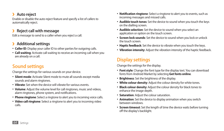 Sound settings, Display settings, Sound settings display settings | Auto reject, Reject call with message, Additional settings | Samsung GALAXY TAB GT-P1000 User Manual | Page 64 / 82