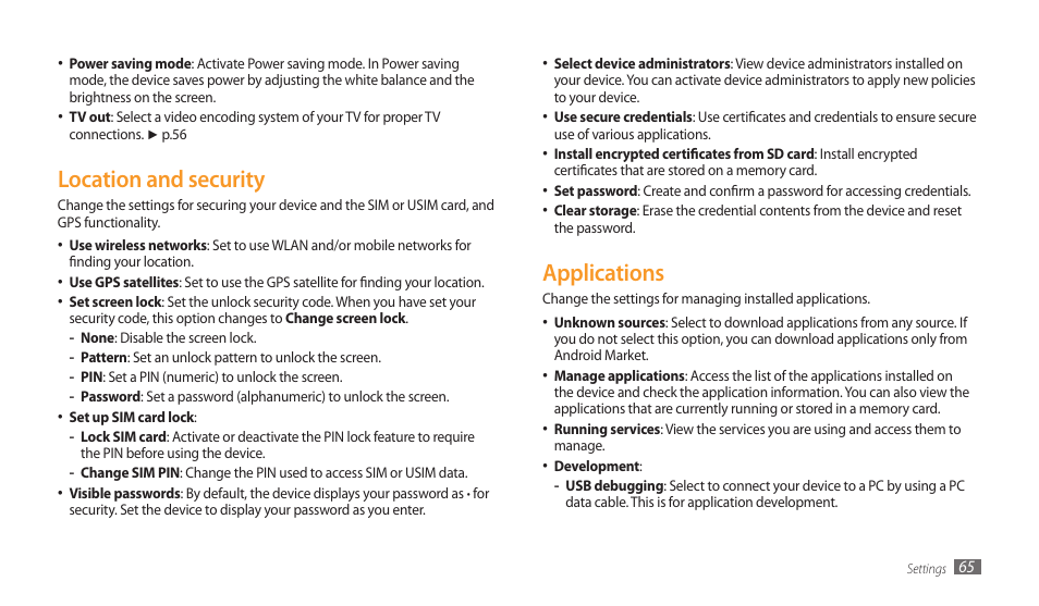 Location and security, Applications, Location and security applications | Samsung GALAXY TAB GT-P1000 User Manual | Page 65 / 82