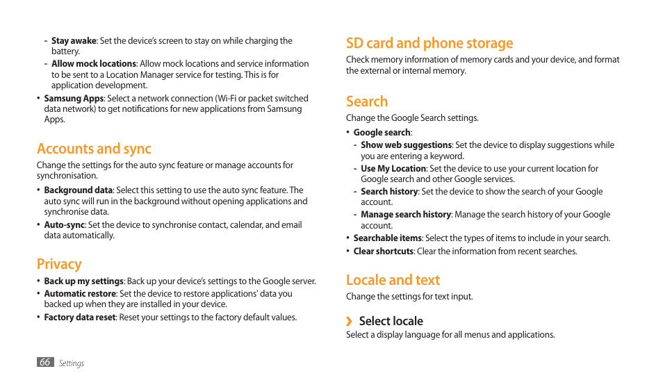 Accounts and sync, Privacy, Sd card and phone storage | Search, Locale and text, Select locale | Samsung GALAXY TAB GT-P1000 User Manual | Page 66 / 82