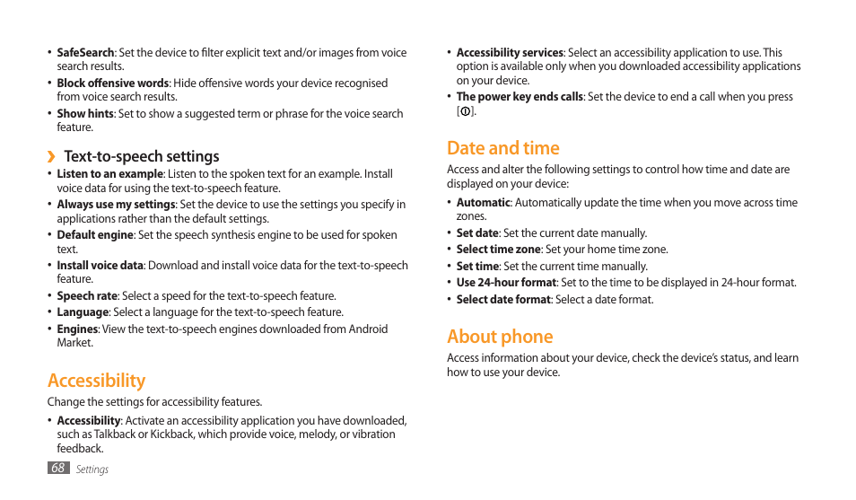 Accessibility, Date and time, About phone | Accessibility date and time about phone, Text-to-speech settings | Samsung GALAXY TAB GT-P1000 User Manual | Page 68 / 82