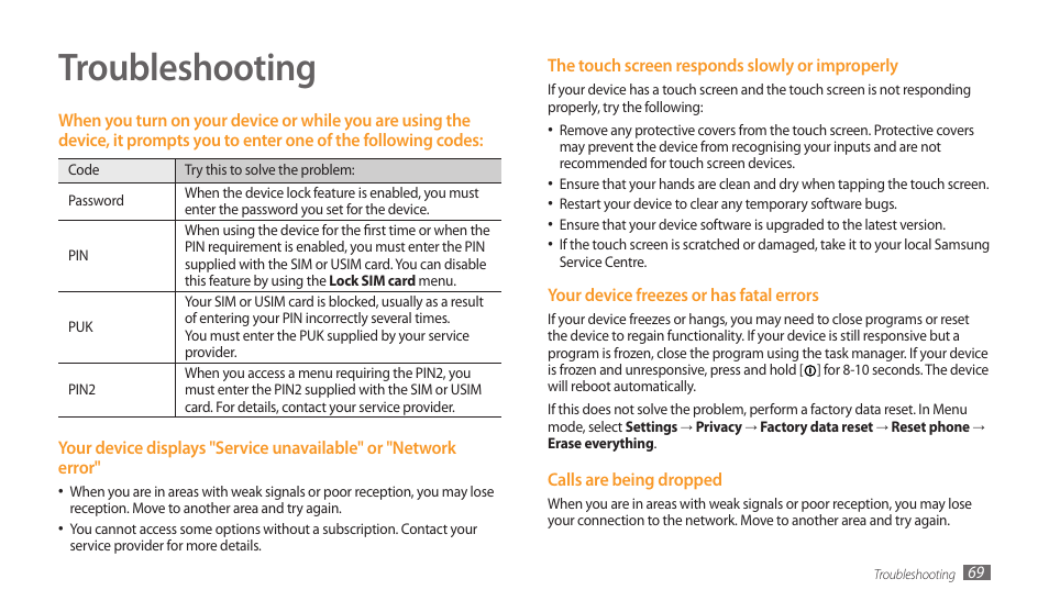 Troubleshooting | Samsung GALAXY TAB GT-P1000 User Manual | Page 69 / 82