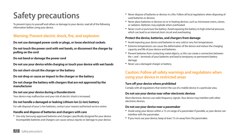 Safety precautions | Samsung GALAXY TAB GT-P1000 User Manual | Page 72 / 82