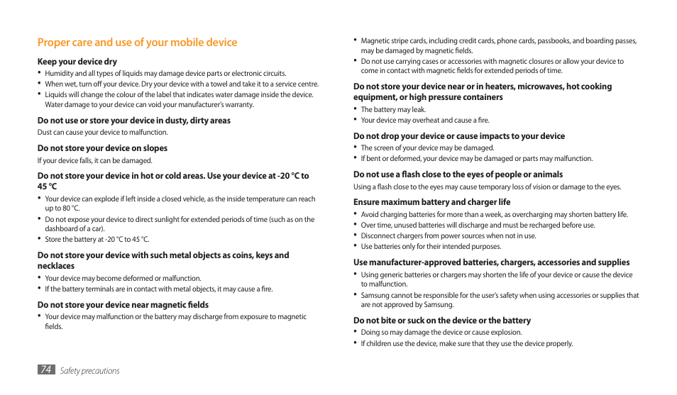 Proper care and use of your mobile device | Samsung GALAXY TAB GT-P1000 User Manual | Page 74 / 82