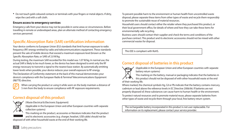 Correct disposal of batteries in this product, Correct disposal of this product | Samsung GALAXY TAB GT-P1000 User Manual | Page 76 / 82