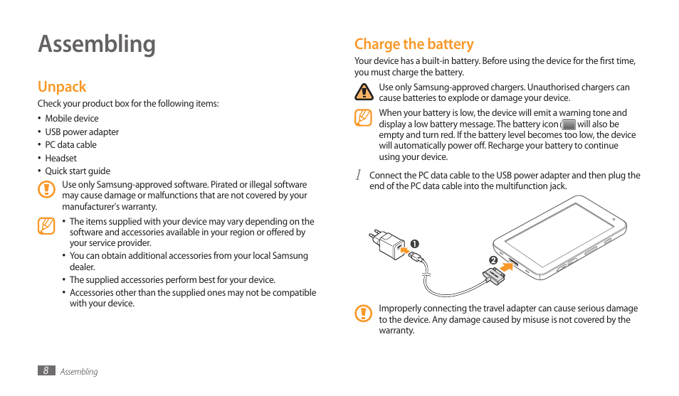 Assembling, Unpack, Charge the battery | Unpack charge the battery | Samsung GALAXY TAB GT-P1000 User Manual | Page 8 / 82
