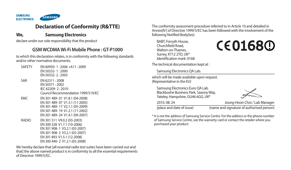Declaration of conformity (r&tte), Gsm wcdma wi-fi mobile phone : gt-p1000 | Samsung GALAXY TAB GT-P1000 User Manual | Page 81 / 82