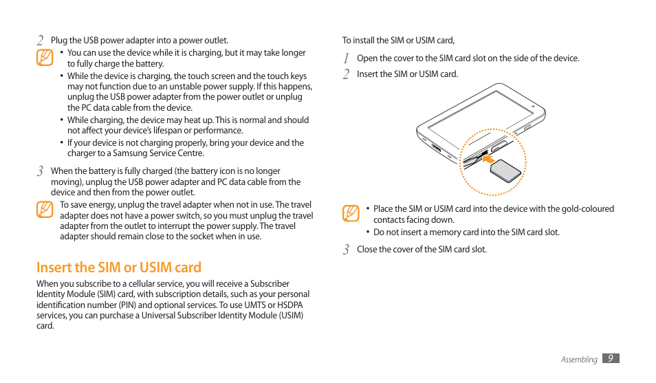 Insert the sim or usim card | Samsung GALAXY TAB GT-P1000 User Manual | Page 9 / 82