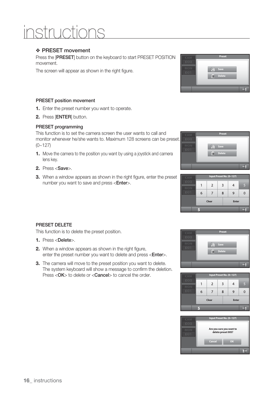 Instructions, 16_ instructions, Preset movement | Samsung SSC-5000 User Manual | Page 16 / 31