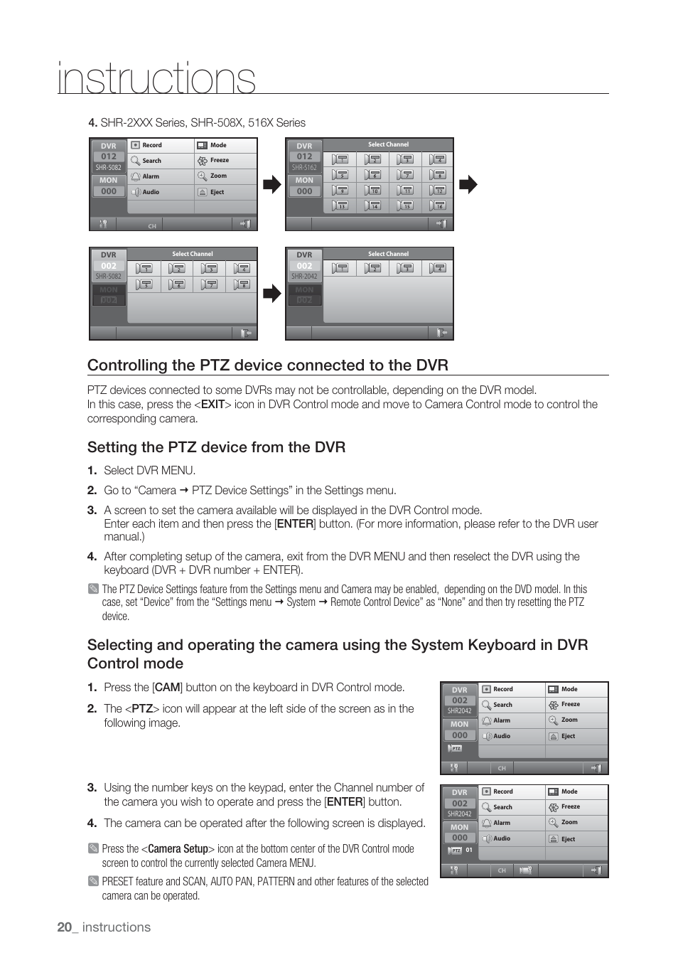 Instructions, Controlling the ptz device connected to the dvr, Setting the ptz device from the dvr | 20_ instructions | Samsung SSC-5000 User Manual | Page 20 / 31
