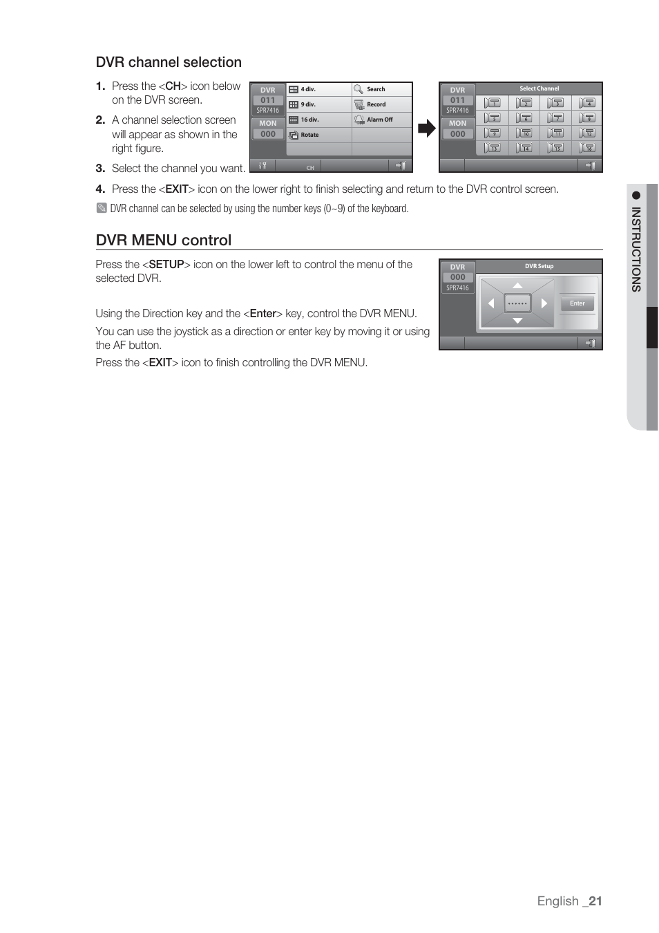 Dvr menu control, Dvr channel selection, English _21 | Samsung SSC-5000 User Manual | Page 21 / 31