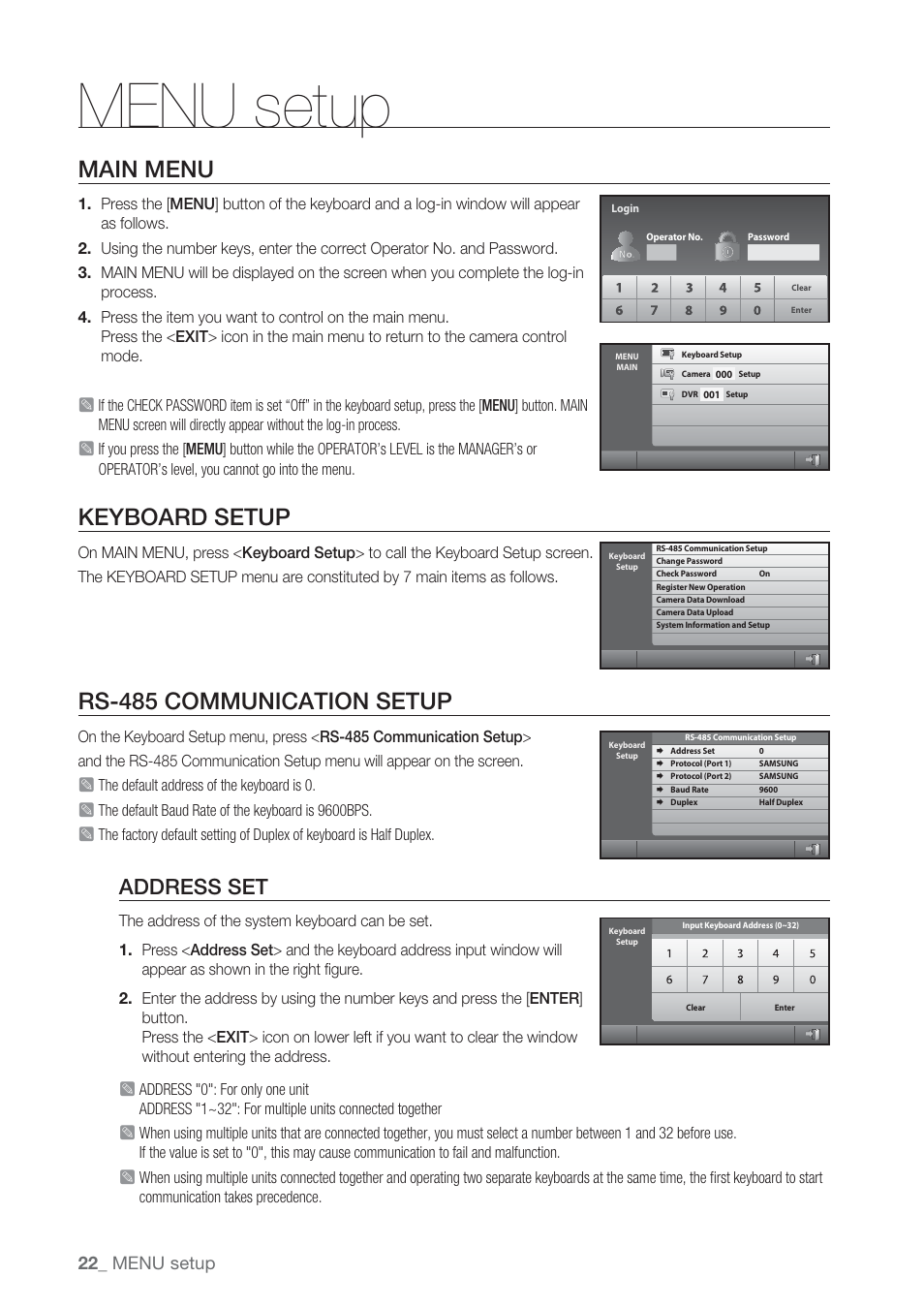 Menu setup, Main menu, Keyboard setup | Rs-485 communication setup, Address set, 22_ menu setup | Samsung SSC-5000 User Manual | Page 22 / 31
