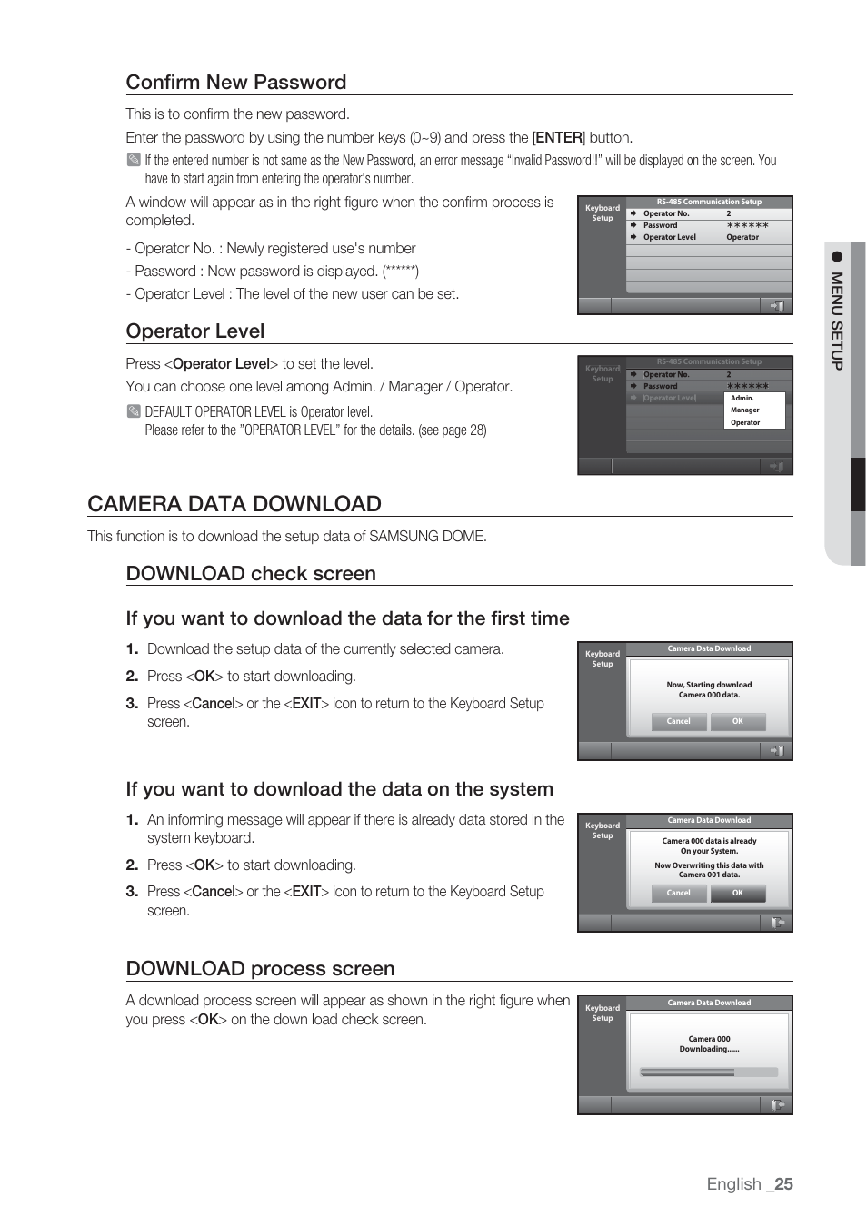 Camera data download, Conﬁ rm new password, Operator level | Download check screen, Download process screen, If you want to download the data on the system, English _25 | Samsung SSC-5000 User Manual | Page 25 / 31