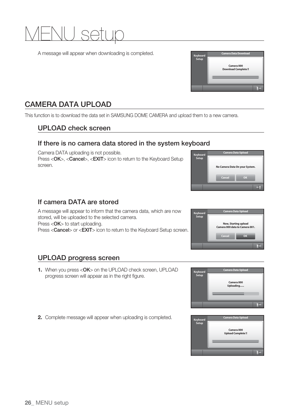 Menu setup, Camera data upload, Upload check screen | Upload progress screen, If camera data are stored, 26_ menu setup | Samsung SSC-5000 User Manual | Page 26 / 31