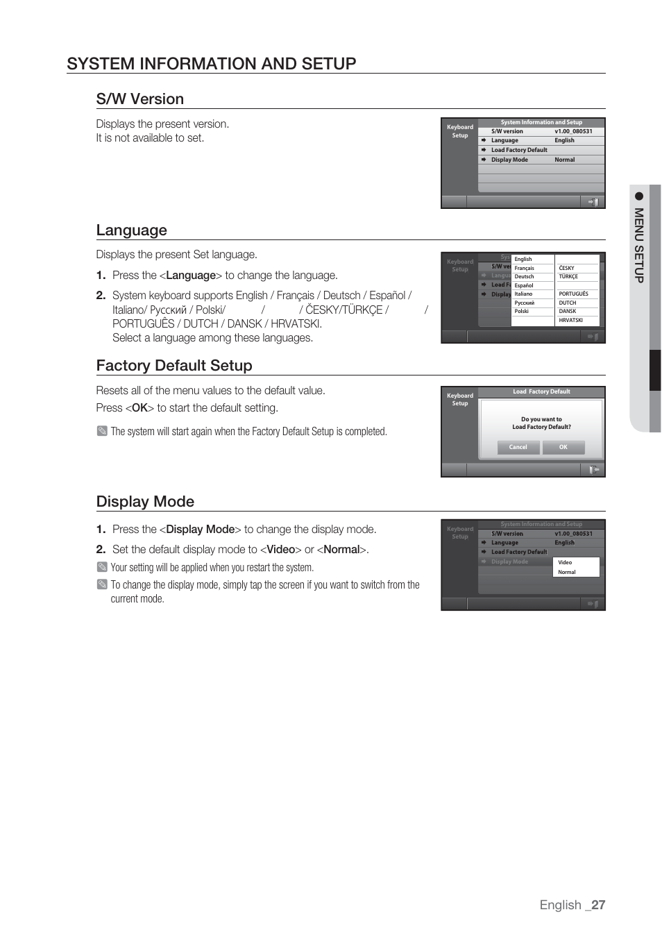 System information and setup, S/w version, Language | Factory default setup, Display mode, English _27, M menu setup | Samsung SSC-5000 User Manual | Page 27 / 31