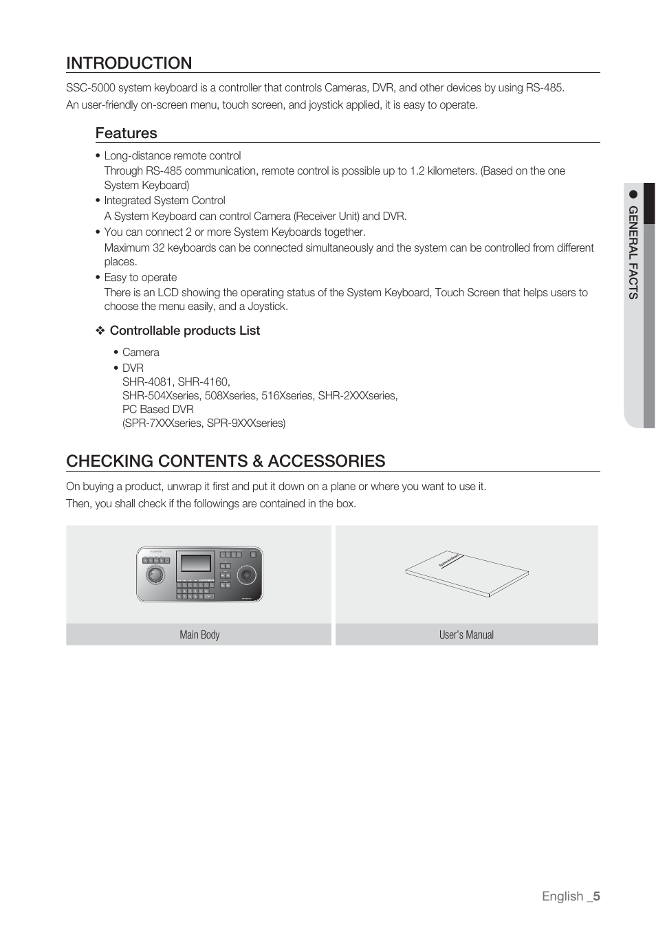 Introduction, Checking contents & accessories, Features | Samsung SSC-5000 User Manual | Page 5 / 31
