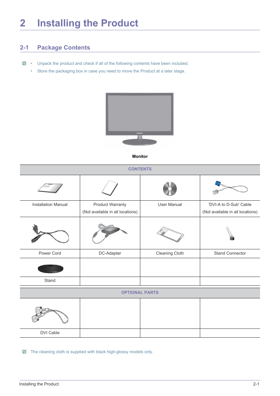 2 installing the product, 1 package contents, Installing the product | Package contents -1, 2installing the product | Samsung XL2270 User Manual | Page 11 / 43