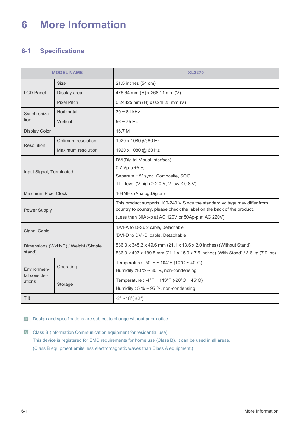 6 more information, 1 specifications, More information | Specifications -1, 6more information | Samsung XL2270 User Manual | Page 38 / 43