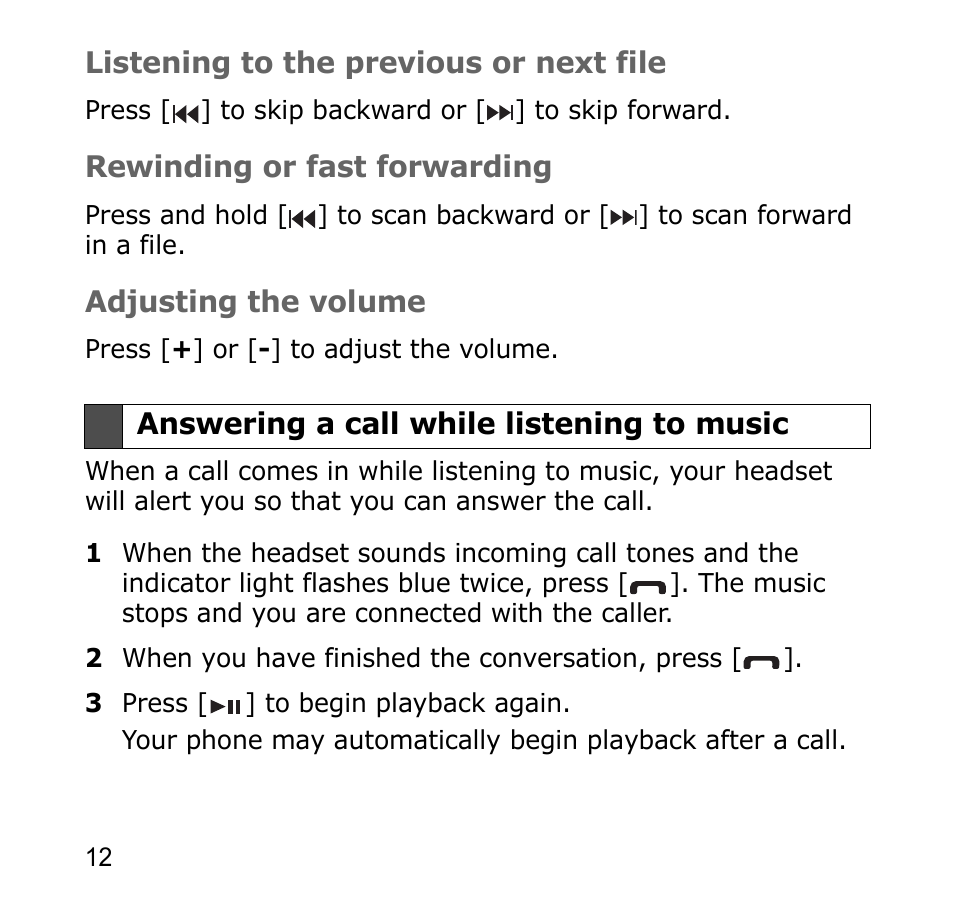 Answering a call while listening to music | Samsung SBH650 User Manual | Page 15 / 23