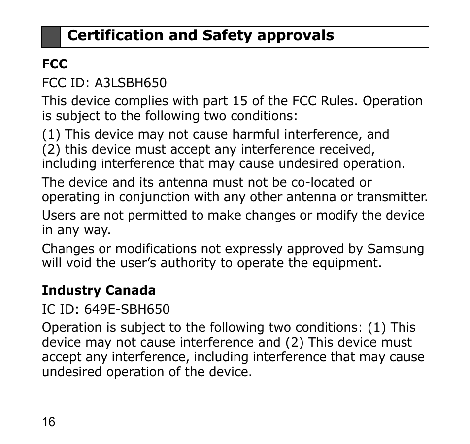 Certification and safety approvals | Samsung SBH650 User Manual | Page 19 / 23