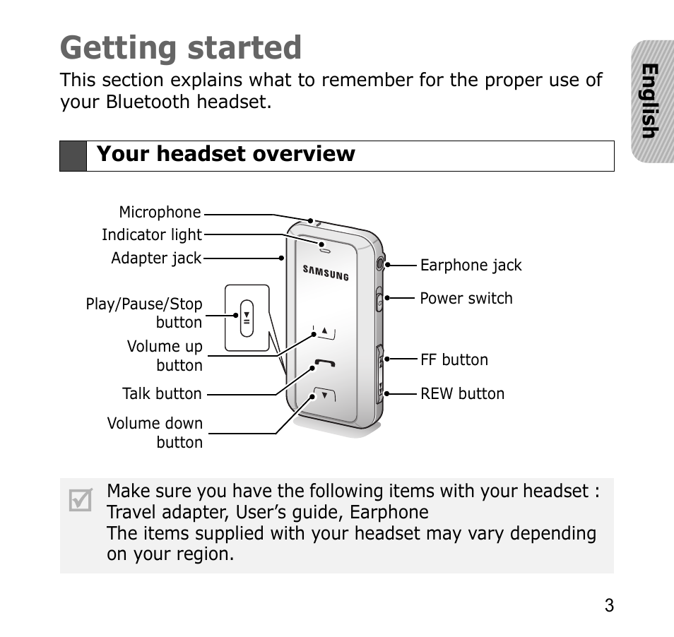 Getting started, Your headset overview | Samsung SBH650 User Manual | Page 6 / 23