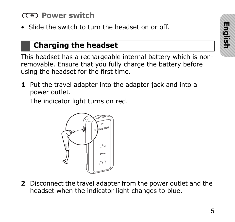 Charging the headset | Samsung SBH650 User Manual | Page 8 / 23