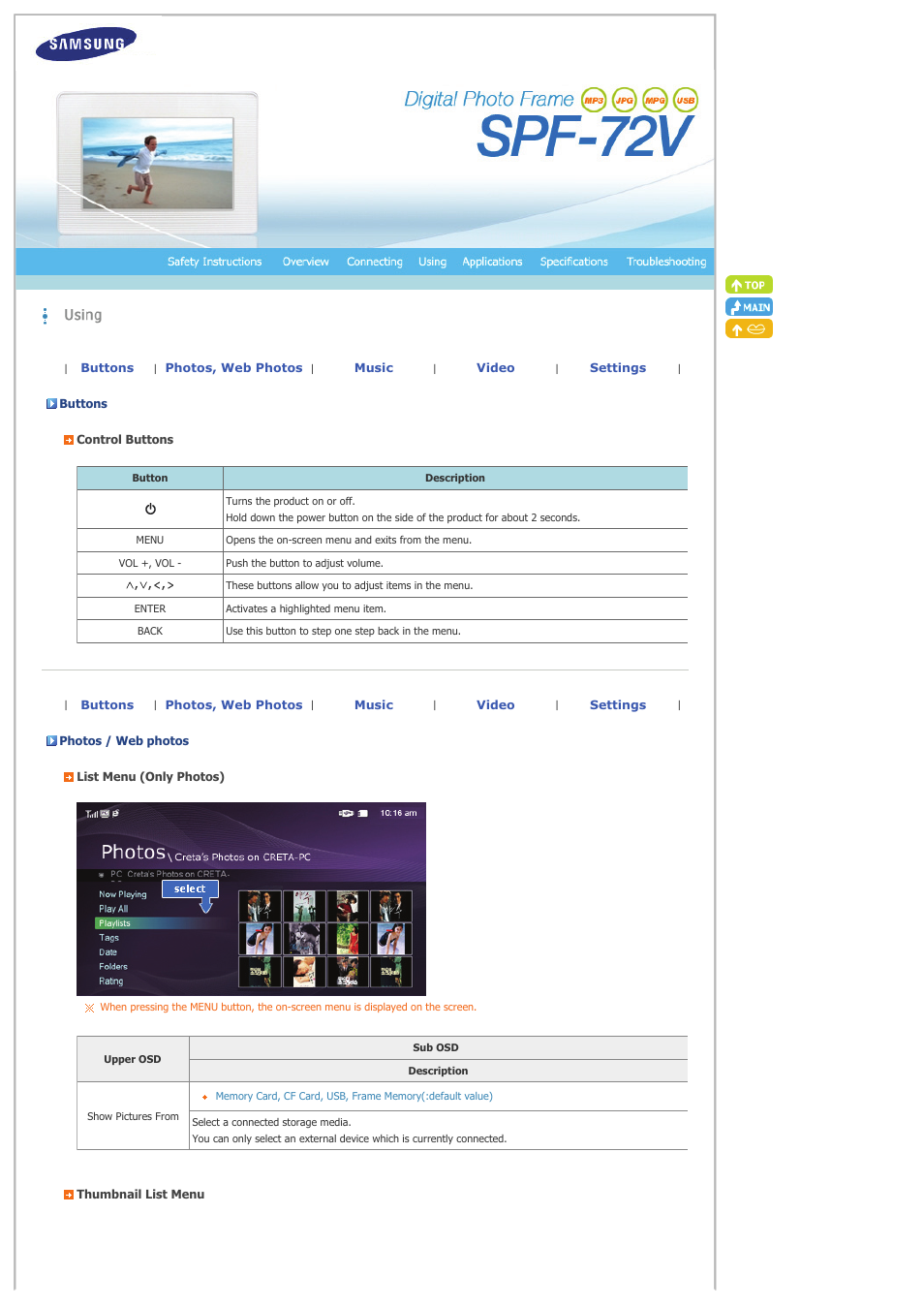 Using, Buttons, Photos / web photos | Music | Samsung spf-72v User Manual | Page 14 / 38