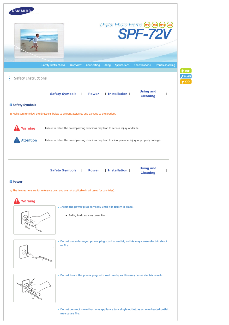 Safety instructions, Safety symbols, Power | Installation | Samsung spf-72v User Manual | Page 2 / 38