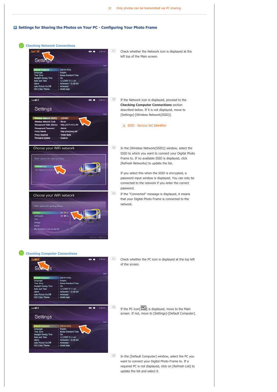 Viewing the photos from windows live space | Samsung spf-72v User Manual | Page 25 / 38