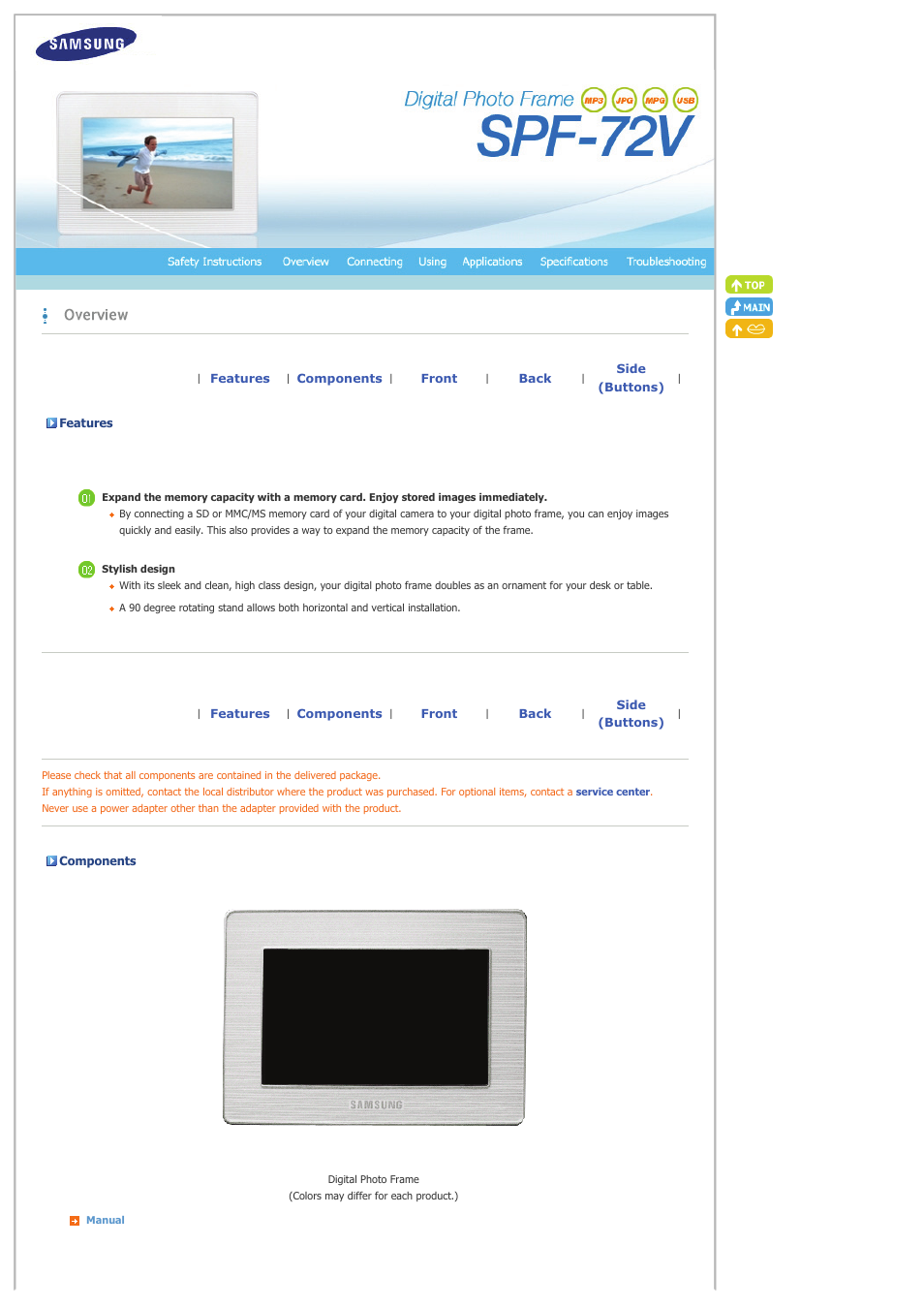 Features, Components, Front | Back | Samsung spf-72v User Manual | Page 7 / 38