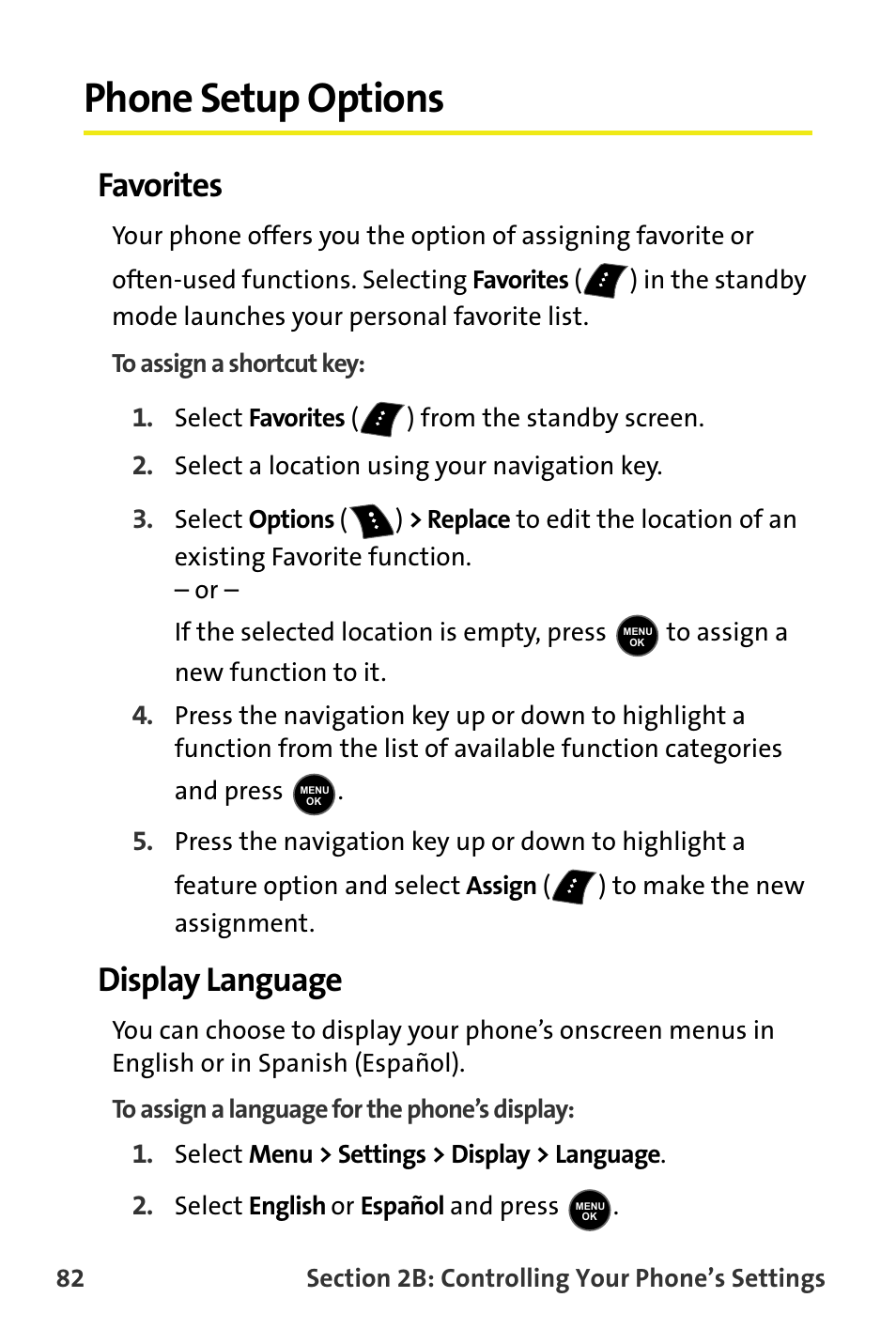 Phone setup options, Favorites, Display language | Samsung M510 User Manual | Page 112 / 291
