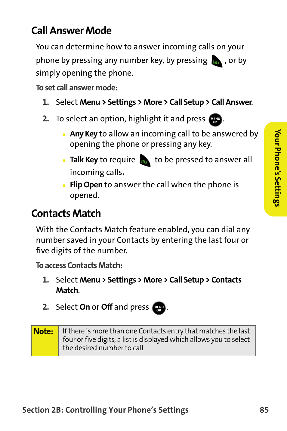 Call answer mode, Contacts match | Samsung M510 User Manual | Page 115 / 291