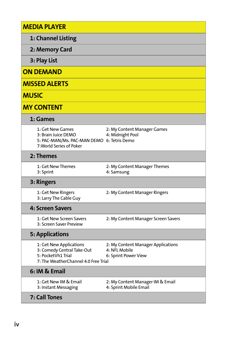 Media player, On demand missed alerts music my content | Samsung M510 User Manual | Page 12 / 291