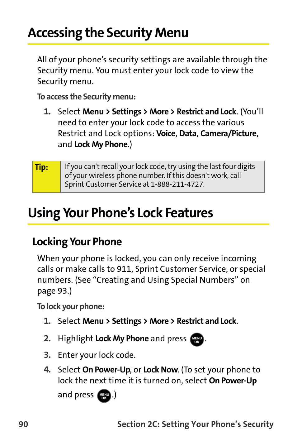 Accessing the security menu, Using your phone’s lock features, Locking your phone | Samsung M510 User Manual | Page 120 / 291