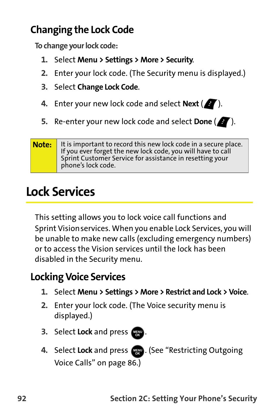 Changing the lock code, Lock services, Locking voice services | Samsung M510 User Manual | Page 122 / 291